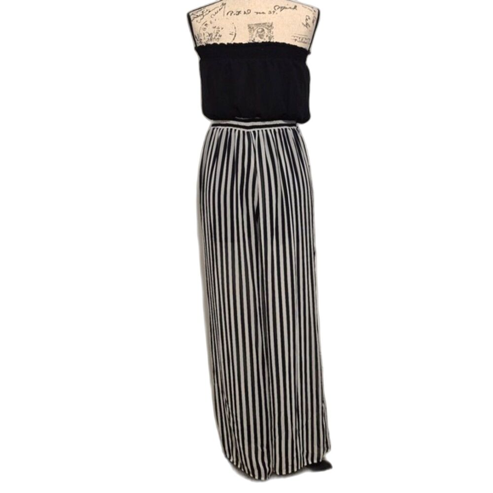 Double Zero Tube Top Pant Jumpsuit M Black White Striped Wide Leg Tie Waist - Picture 2 of 10